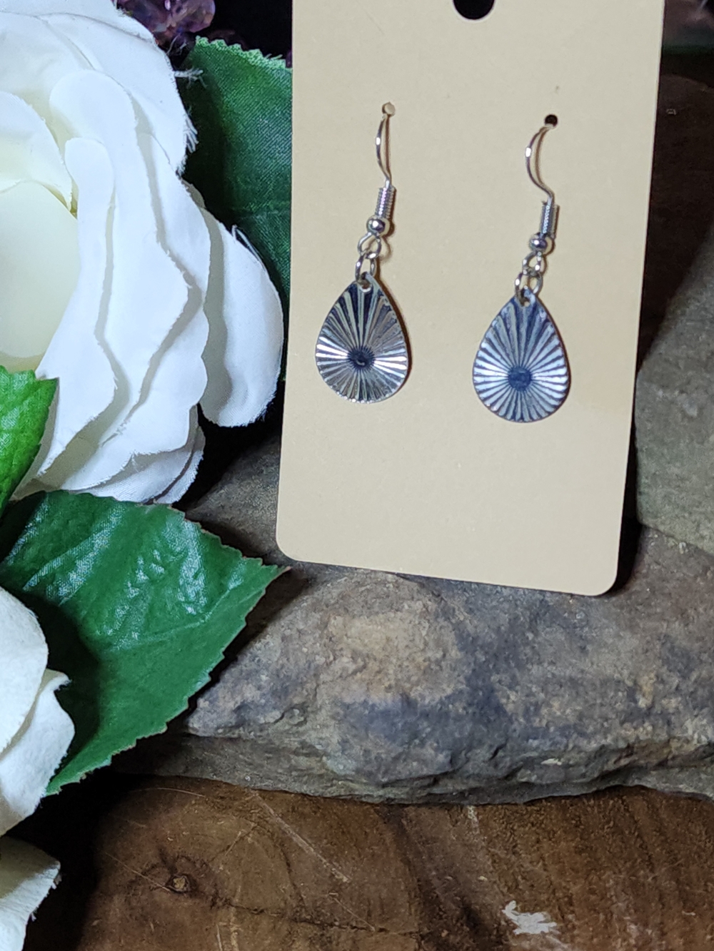Silver Toned Metal Teardrop Sunburst Earrings - Women Jewelry